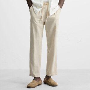 Zara Men’s Beige Linen Blend Trousers with Drawstring Waist