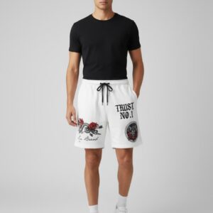 White Graphic Printed, Embroidery Street Shorts – Trust No.1 Edition Product Description