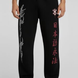 Men’s Black Graphic Print Joggers with Japanese Lettering