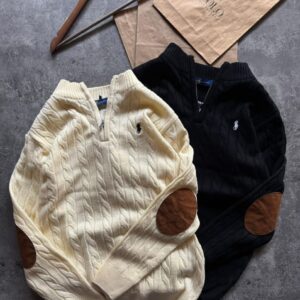 RL POLO Men’s Half-Zip Cable-Knit Sweater with Suede Elbow Patches